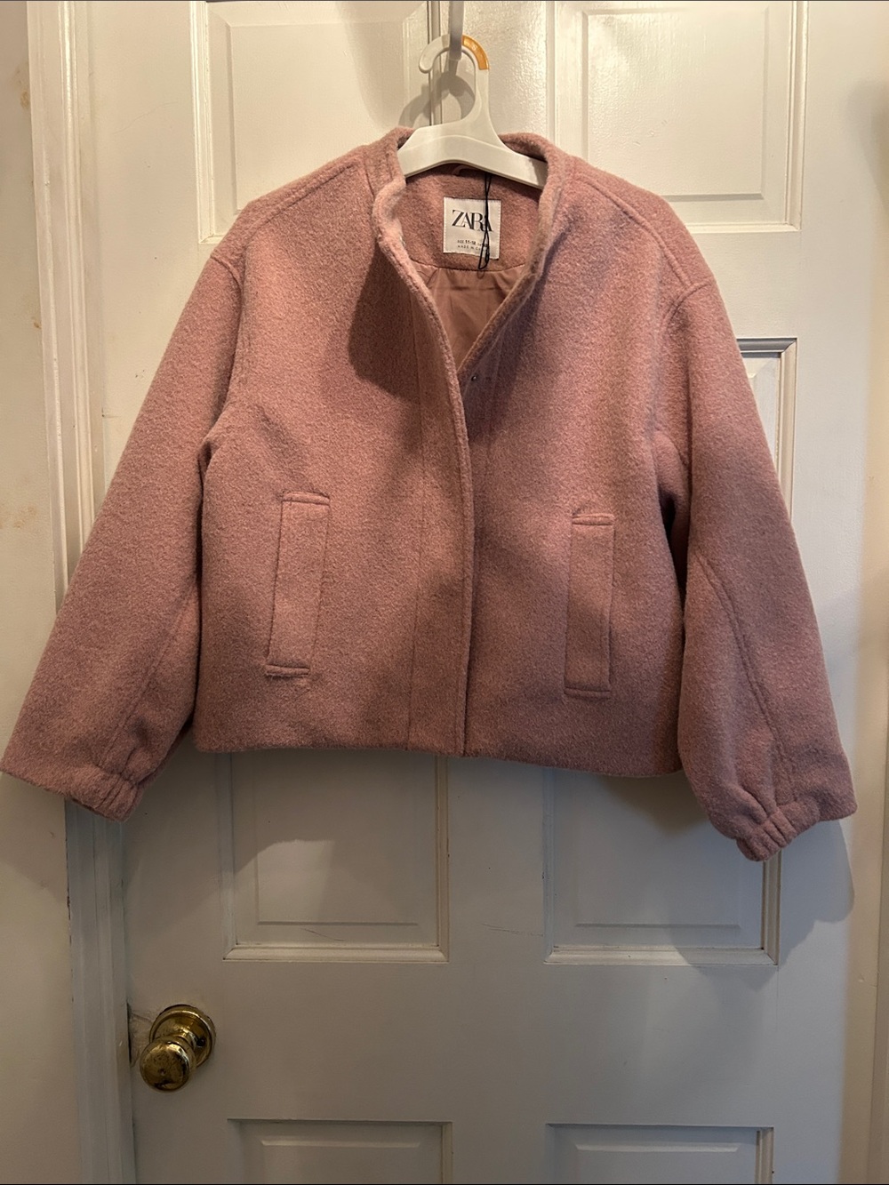 Zara Dusty Rose Collarless Wool-Blend Boxy Jacket